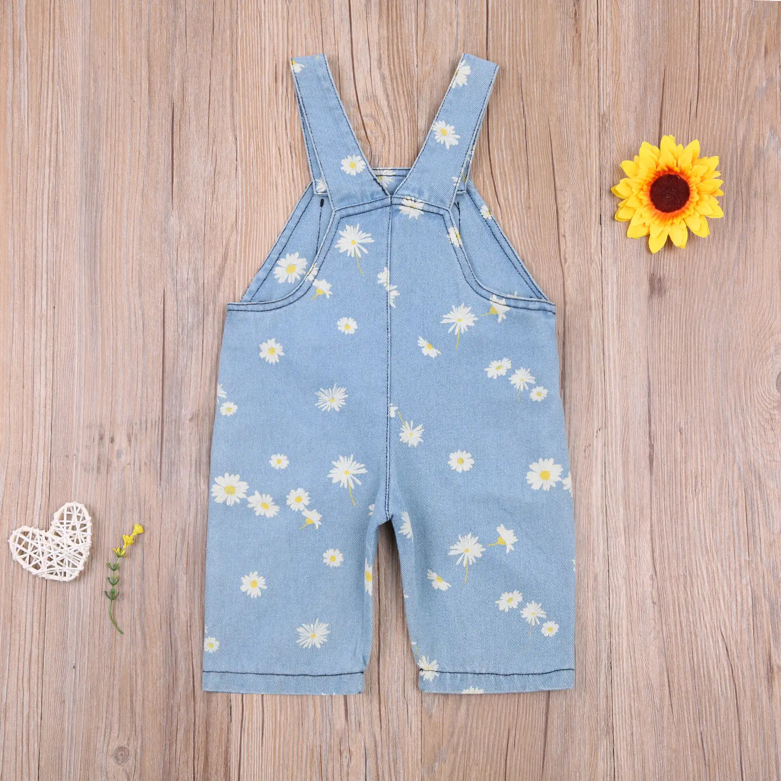 

2021 New Summer 6M-5Y Baby Girl Sunflower Daisy Floral Print Front Pocket Suspender Pants Denim Sleeveless Romper Children