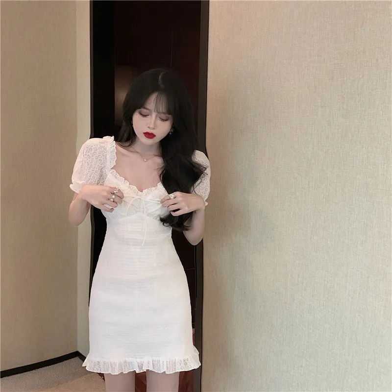 Мини-платье женское с французским квадратным воротником романтичное облегающее