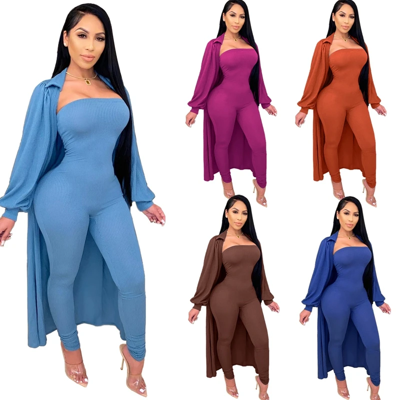 

Women Ribbed Two Piece Sets Strapless Jumpsuit+Long Sleeve Open Stitch Cloak Fashion Tracksuits Raised Lines Pattern Sports Suit