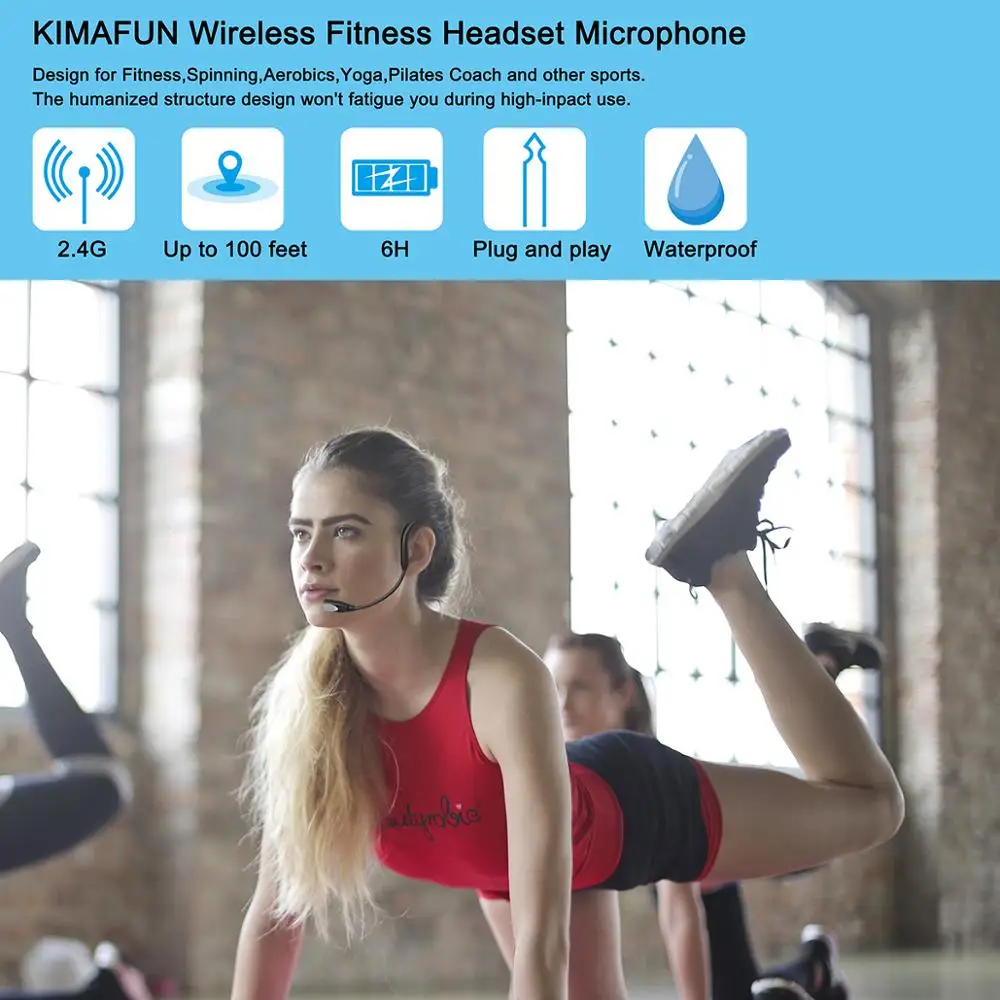 KIMAFUN 2.4G Wireless Black Headset Waterproof Microphone System with Transmitter and 3.5mm Receiver, Design for Fitness Coach enlarge