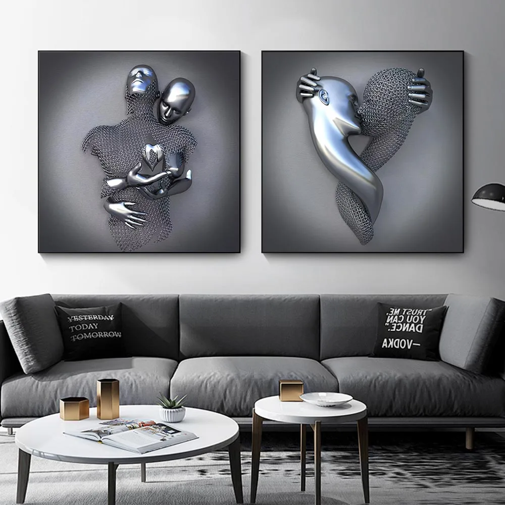 

Romantic Metal Figure Statue Canvas Painting Lover Sculpture Poster and Prints Wall Art Picture for Living Room Hotel Home Decor