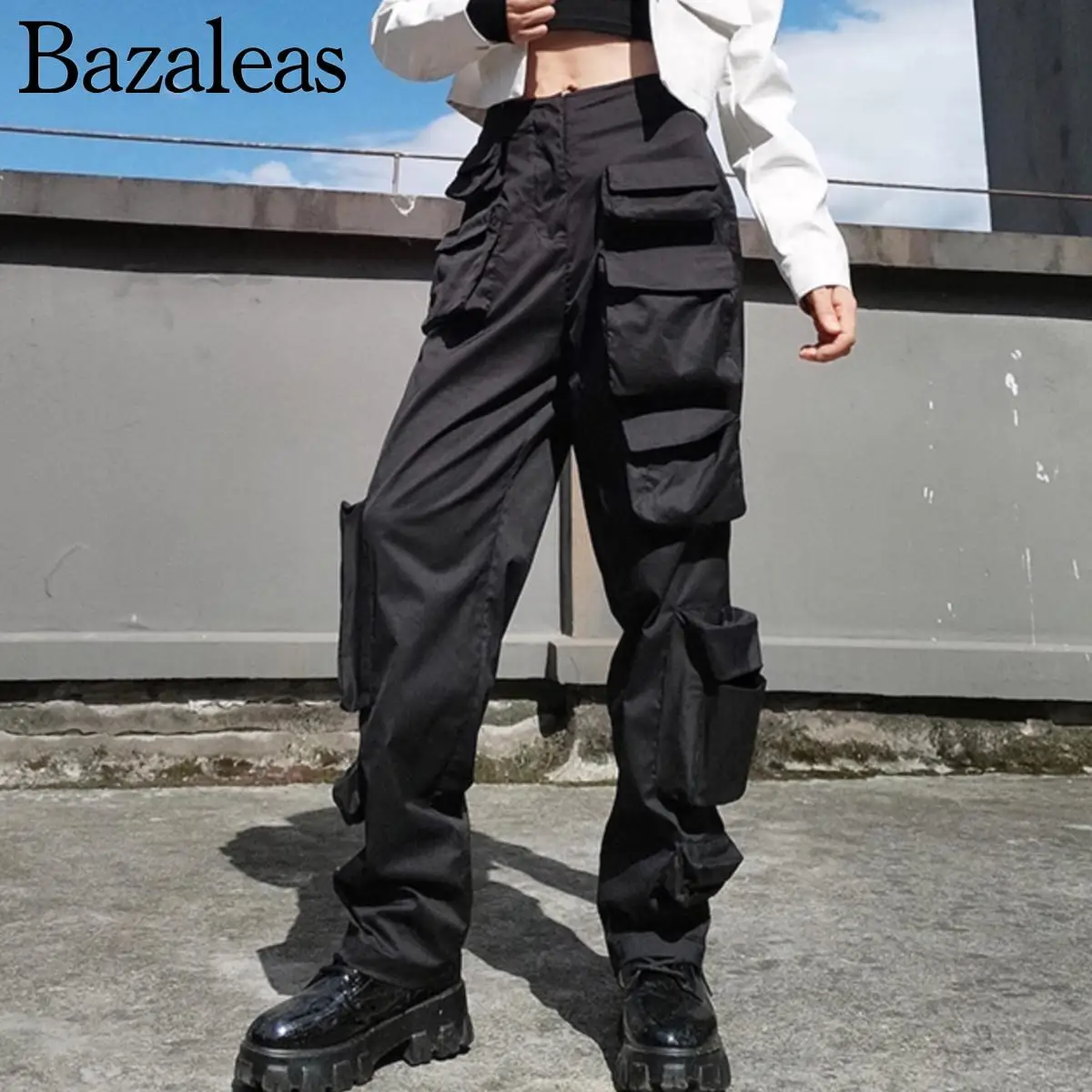 

2022 повседневные брюки черного и белого цвета Y2k Bf стиль много карманов сафари брюки женские уличные свободные строчки
