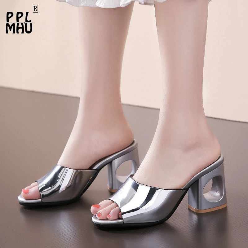 

Silver PU Leather Fretwork Heels Fashion New Peep-Toe Non-Slip Women Shoes Outside Wear Casual Office Shoes Summer Light Slipper