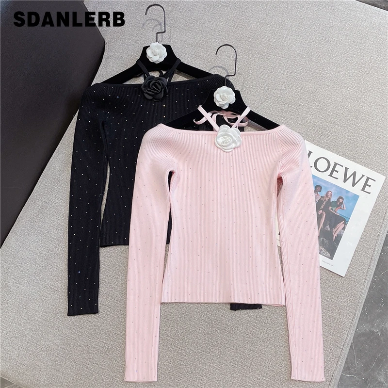 

Новинка зимы 2021, вязаная женская одежда Стразы с длинным рукавом, Модный милый корсажный пуловер на шнуровке, Женский вязаный Топ