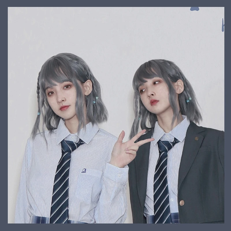 

Cute lolita Synthetic Cosplay Lolita Harajuku Wig With Bangs Natural Haze blue Multicolor water ripple curly hair Daily Wigs