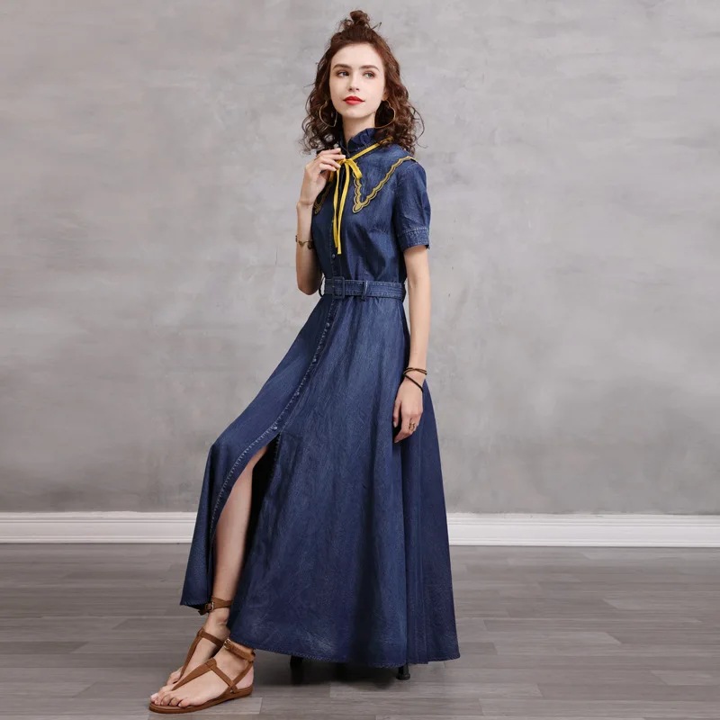 

IEQJ Women Split Belt Denim Robe Dress With Stand-up Collar Edible Tree Fungus New Short Sleeve Loose Fashion Summer 2021 3F0465