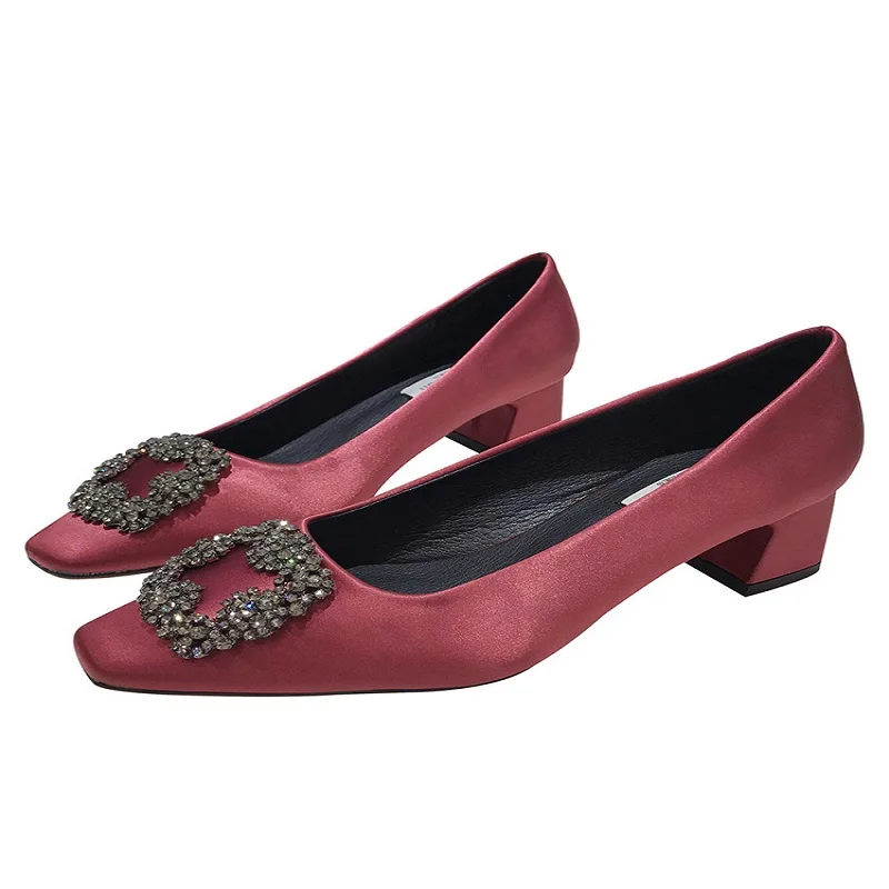 

Women's high heel rhinestone shallow mouth square head with set foot square head low with single shoes female 2019 spring and