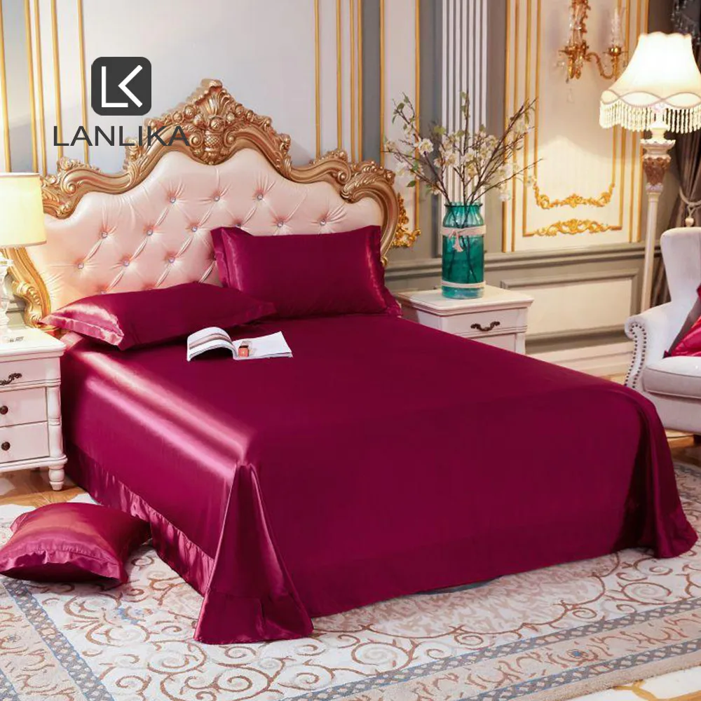 

Роскошное благородное 100% шелковое винно-красное красивое плоское постельное белье Lanlika, шелковое Королевский постельное белье, Мягкая Наво...