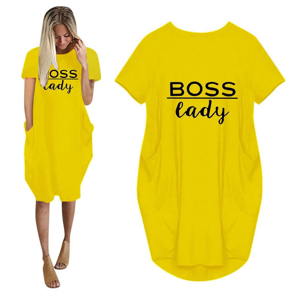 

Women Midi Dress 2021 Letter Print Short Sleeve Pocket Casual Loose Plus Size Woman Dress Vintage Vestidos Pregnant