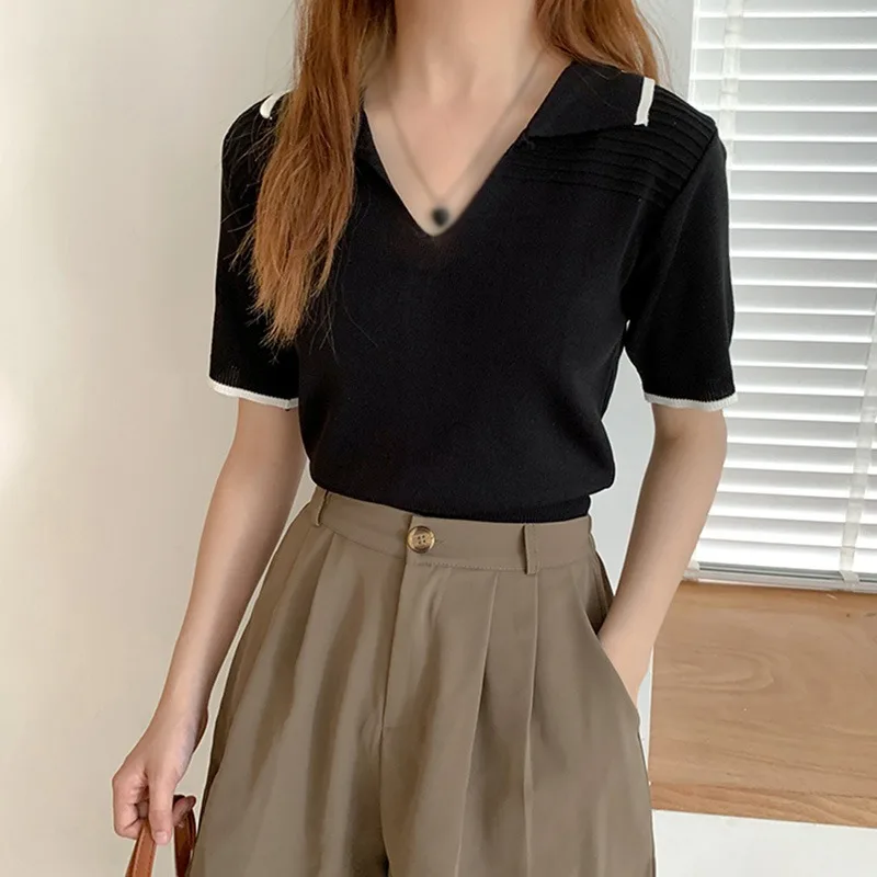 

Women Summer T-shirt Short-sleeved Knitted Tee Top Simple Casual T-shirt Fashion Streetwear