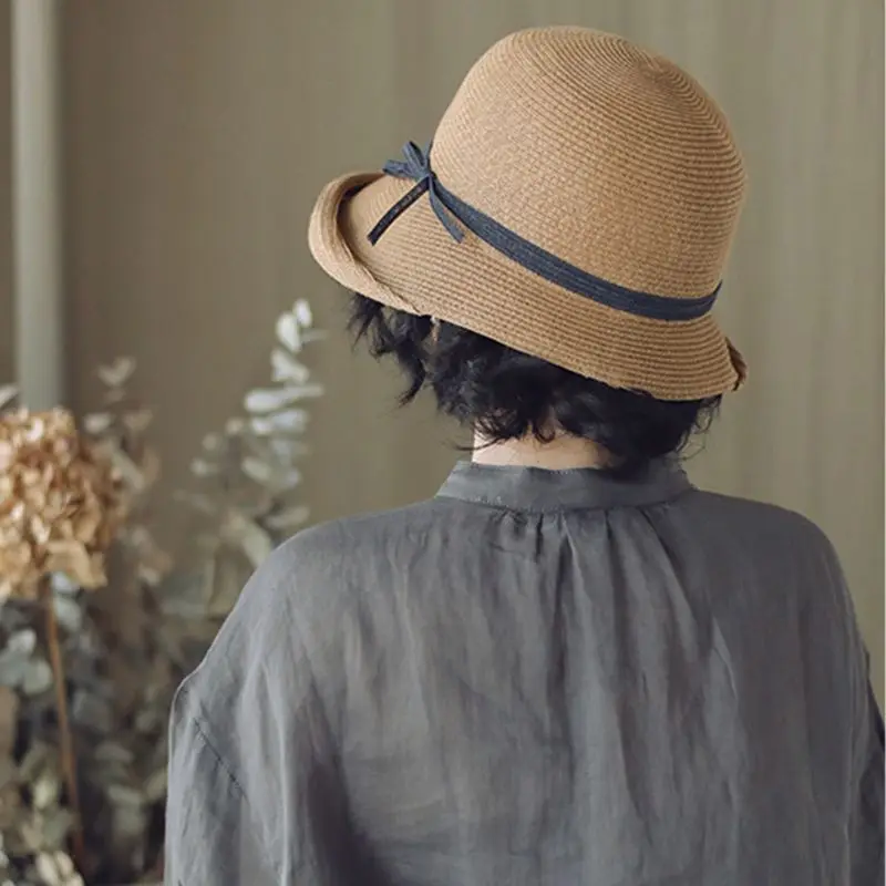 Women Hepburn Vintage Woven Sun Hat Elegant Contrast Color Bowknot Short Roll Up Brim Foldable Summer Bucket Cap