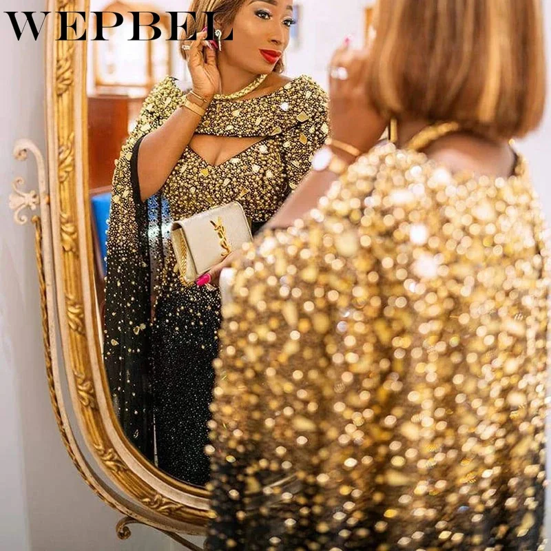

WEPBEL Autumn Winter Elegant Sexy Sequins Embroidery Party Dress Ladies Cloak Sleeve Slim Fit Evening Dress