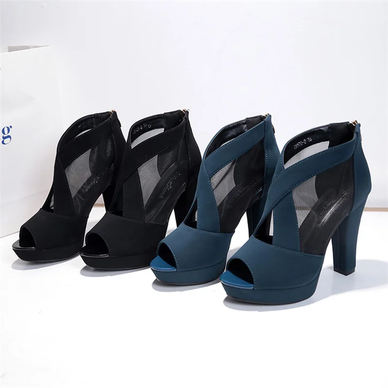 

Fashion High-Heeled Shoes Woman Summer Sandals Hollow Breathable Mesh Peep Toe Gladiator Sandalias Mujer Size 35-40