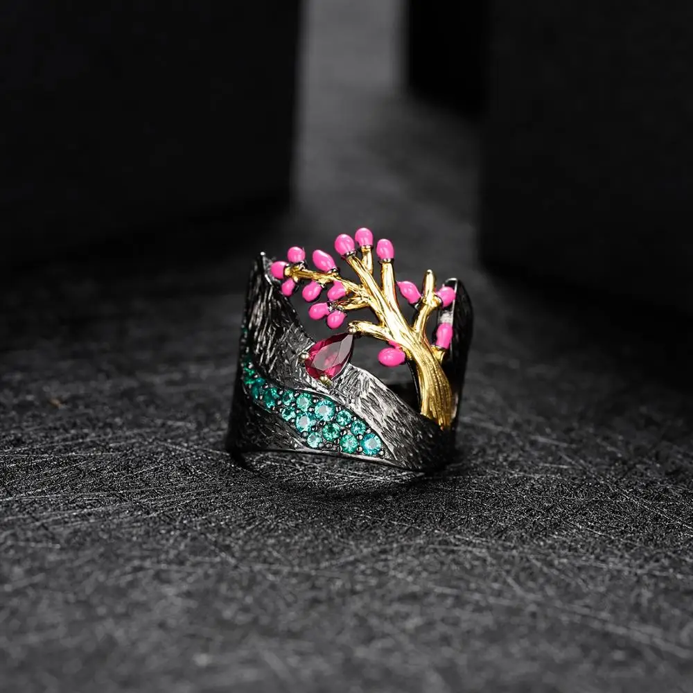 Оригинальное серебряное эмалированное кольцо GEM'S пускного дерева с цветами для