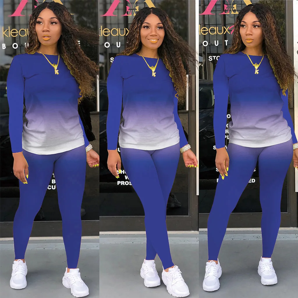 

European and American Women's Gradient Long-sleeved Trousers Two-piece Home Service Clothes Polyester Full Length Skinny