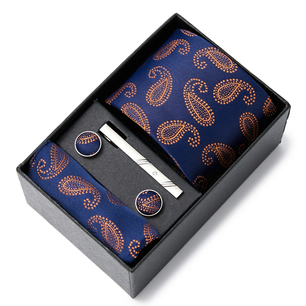 

Wholesale Newest design Holiday Gift Tie Handkerchief Cufflink Set Necktie Box Dark Blue Wedding Accessories Dot Man