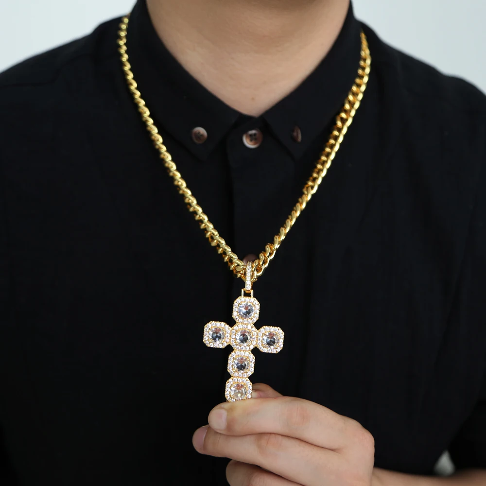 Роскошное длинное ожерелье в стиле хип-хоп широкое тяжелое с подвеской крестом