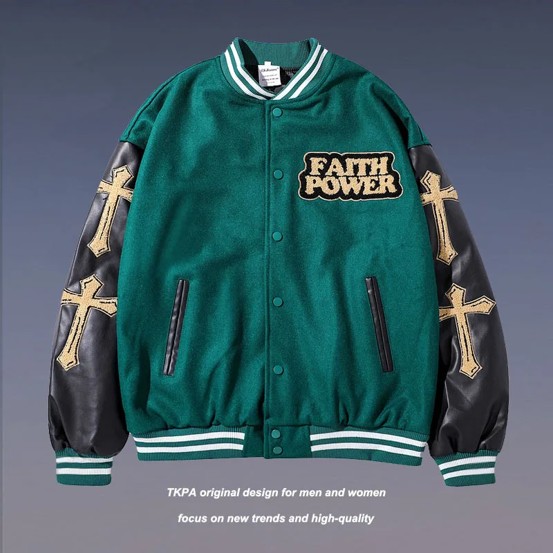 

2021 autumn hip-hop printed flocking embroidery baseball uniform jacket male street loose PU leather stitching couple jacket