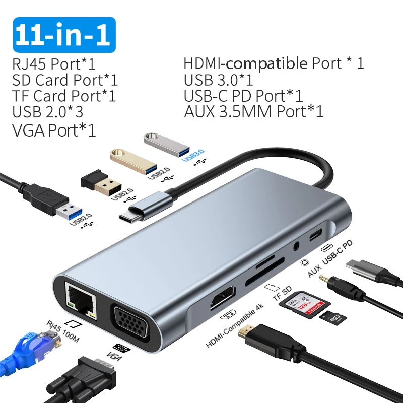 USB-концентратор Тип C к HDMI-совместимая док-станция RJ45 5 6 8 11 портов с PD TF SD AUX usb-хаб 3 0