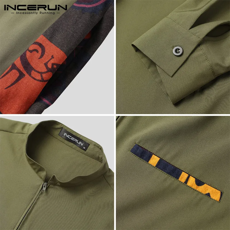 

Muslim Men Printed Patchwork Jubba Thobe Islamic Arabic Kaftan Long Sleeve Robe Zipper Stand Collar Dubai Abaya Caftan INCERUN 7