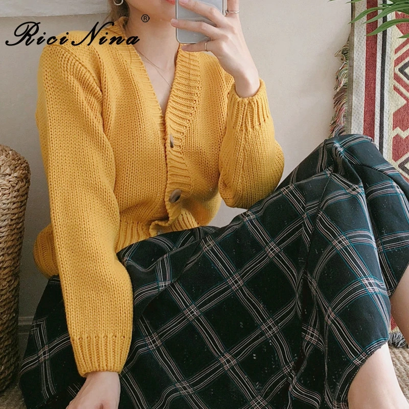RICININA Knit Sweters Cardigan For Women Long Sleeve V Neck Buttons Solid Short Womens Sweaters Winter Spring |