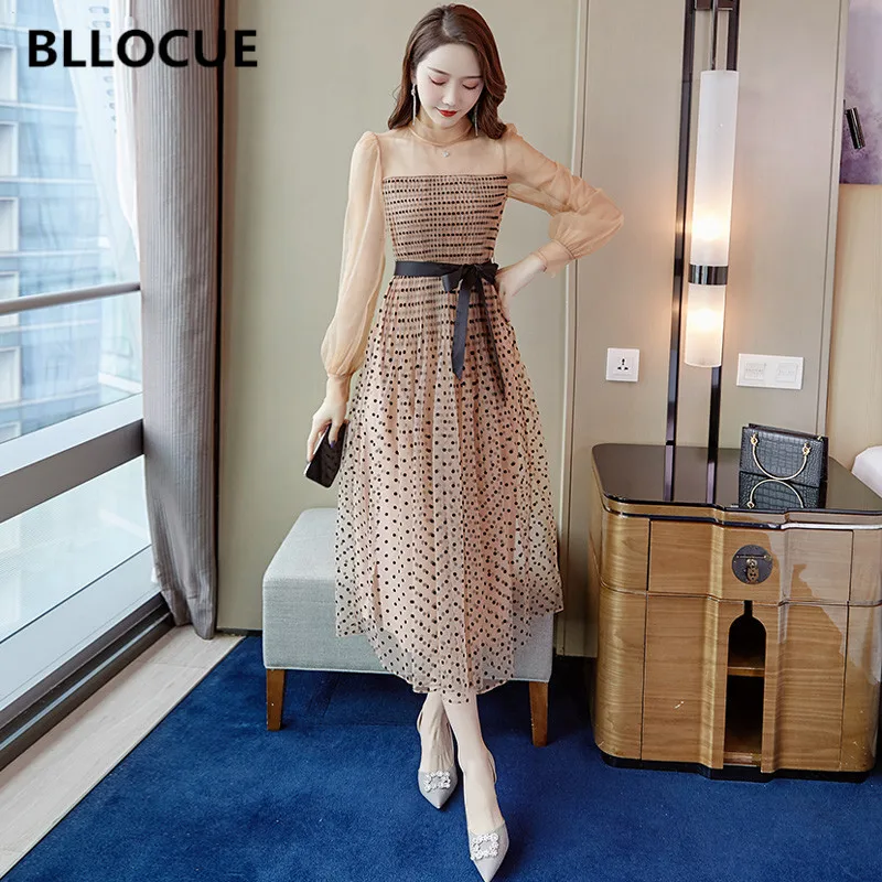 

BLLOCUE Runway Wave Point Holiday Dress 2020 New Autumn Women O-Neck Puff Sleeve Lace-up Elegant Mesh Dress