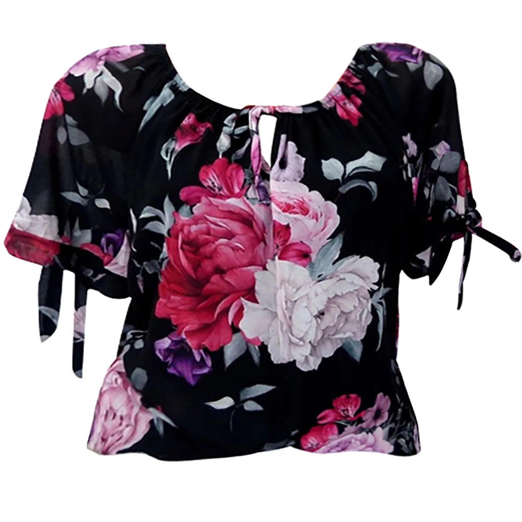 Женская блузка большого размера с коротким рукавом и принтом пуловер открытыми