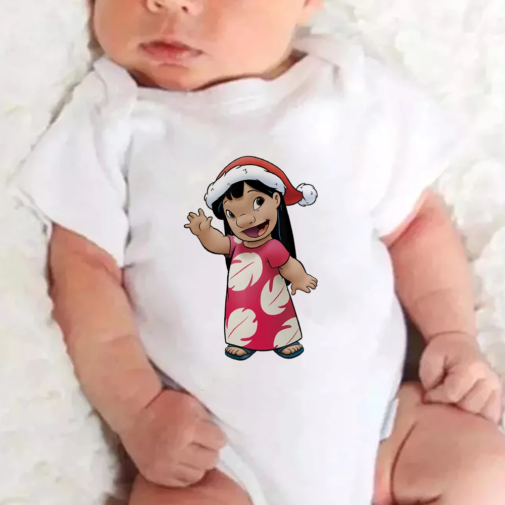 

Милые Боди для девочек Lilo & Stitch, рождественский костюм из мультфильма Диснея, мягкие комбинезоны для младенцев, домашняя одежда с коротким р...