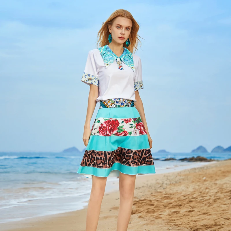 

Designer Women Sets Summer New Fashion Lapel Button Patchwork Short Sleeve Cotton T-Shirt + Diamond Printed Skirt Two-Piece Suit