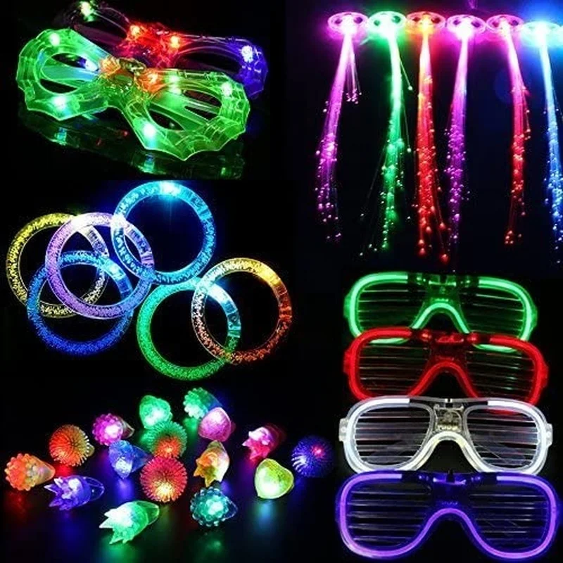 Juego de 30 piezas de luz LED brillante para fiesta, Set de juguetes, accesorios, anillos intermitentes, pulseras de burbujas, gafas, regalo de cumplea&ntilde;os para ni&ntilde;os, Bar y Navidad-0