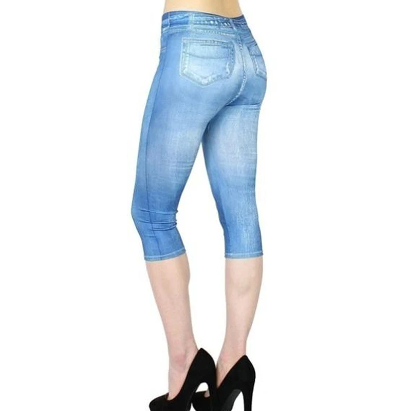 

New Faux Jeans Leggings Women Stretch Printed Short Leggins Calf-Length Pants Summer Breeches High Waist Jeggings