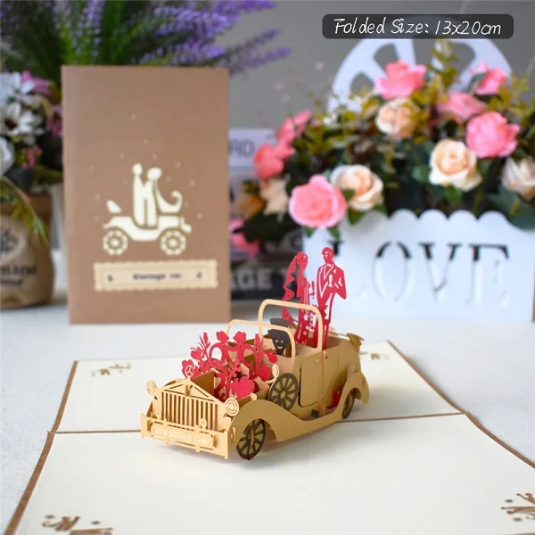 Love 3D Pop UP Cards Valentines Day Gift Postcard with Envelope Stickers Wedding Invitation Greeting Cards Anniversary for Her - Цвет: Wedding car