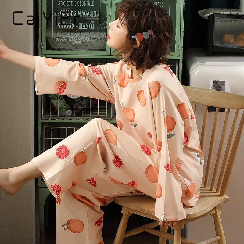 CAIYIER апельсины с принтом хлопковые пижамы комплект для женщин круглым вырезом