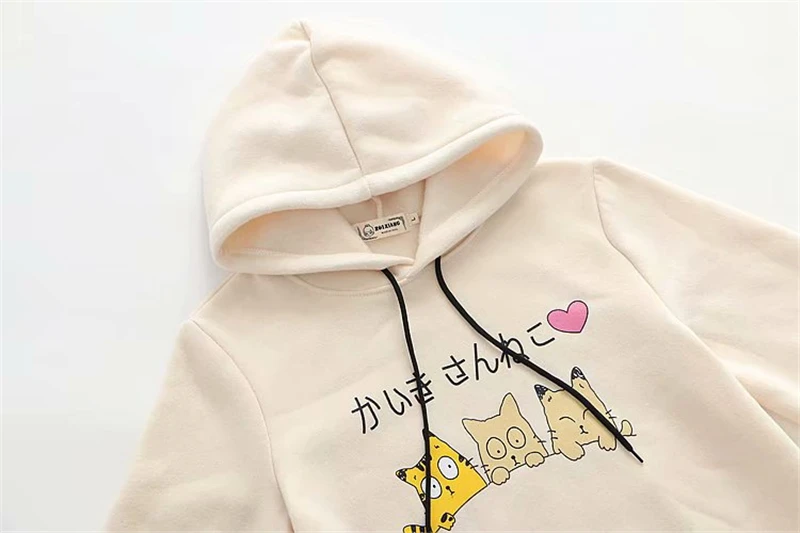 Harajuku kawaii женский милый кашемировый пуловер с 3 забавными котами и длинным рукавом, худи из хлопка с капюшоном, свободные толстовки для женщин