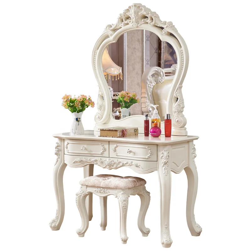 

European style Antique Dresser Furniture Dressing Table Set With Mirror And Stool Makeup Vanity Table wooden high quality