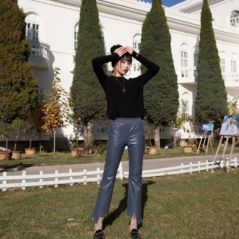 Весенние облегающие брюки из овечьей кожи кожаные женские однотонные до