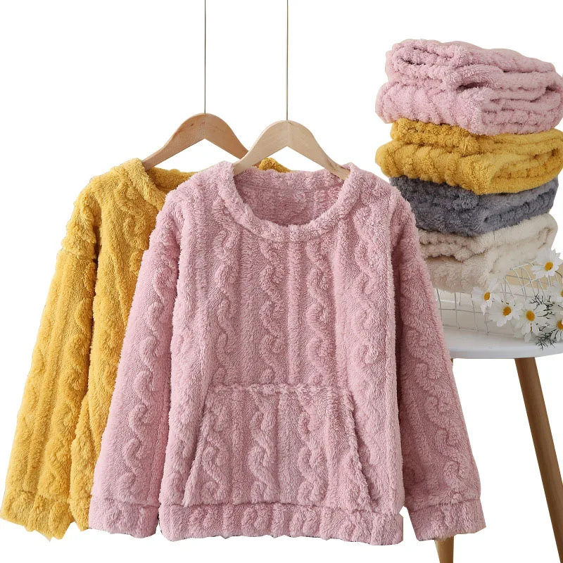 

O-Neck Loose Casual Women's Home Clothes Winter Flannel Pajamas Sleepwear Set Thick Warm Coral Velvet Homewear Female Loungewear