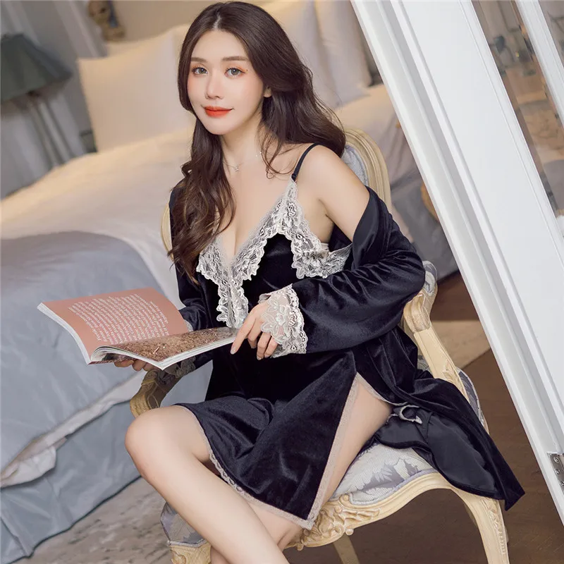 MECHCITIZ 2019 Autumn Winter Women Velvet Robe Gown Sets Sleep Lounge Pijama Ladies Nightwear Bathrobe Night Dress Pajamas | Женская
