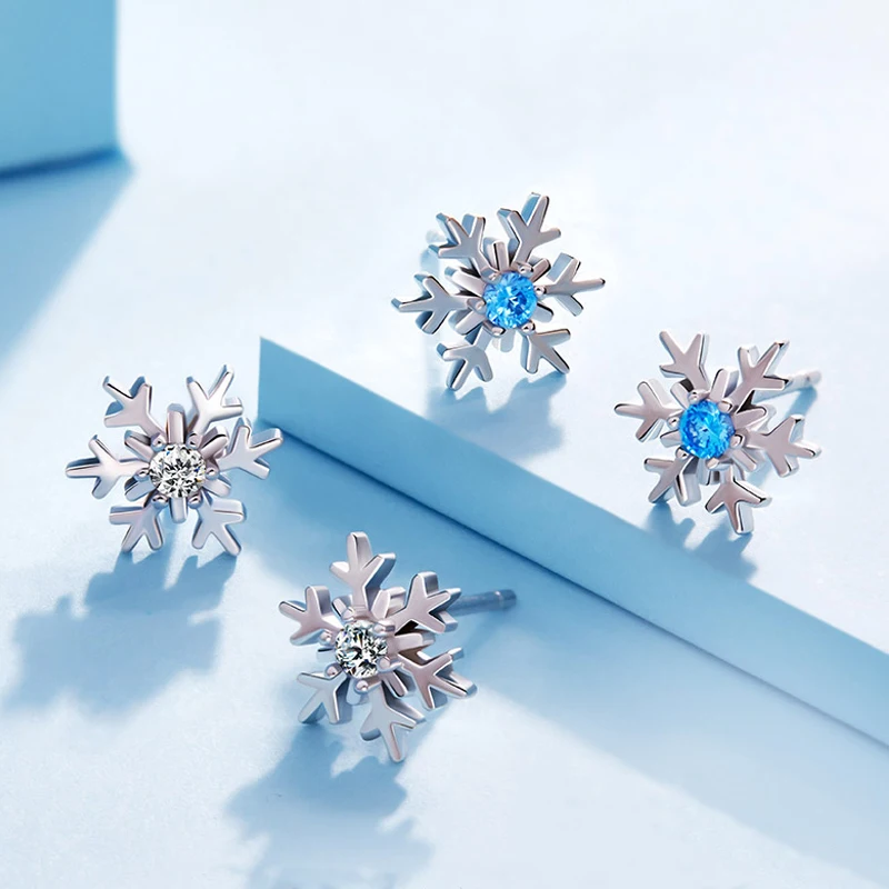 Классические синие Хрустальная Снежинка CZ серьги гвоздики для женщин Серебряный