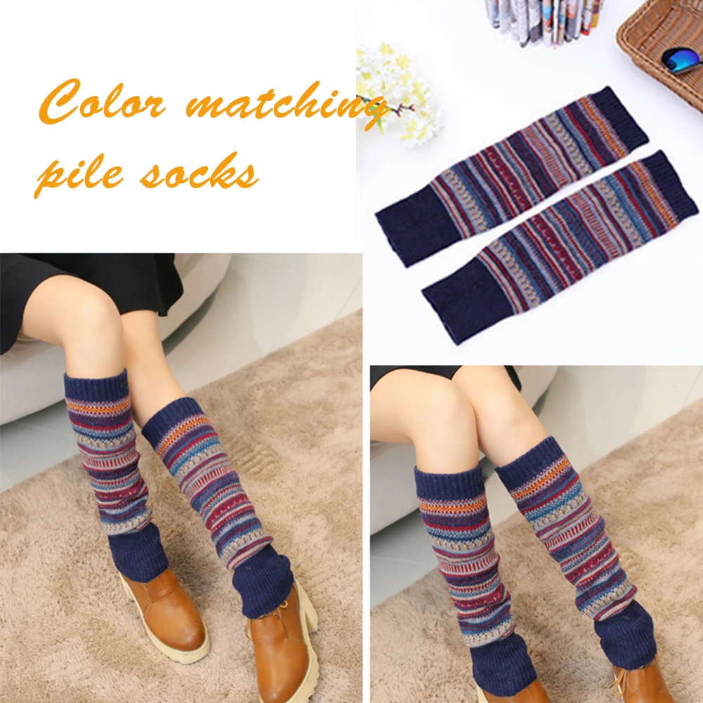 

1 Pair Contrast Color Winter Autumn Boot Fine Knitted Adult Foot Crochet Coldproof Lengthen Ladies Knee High Women Leg Warmer