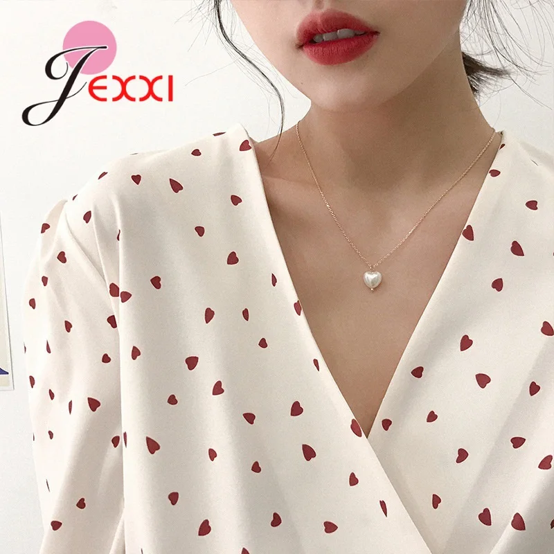 

New Cute Heart Shaped Pearl Necklaces Pendants 925 Sterling Silver Choker Necklace Jewelry Collar Colar de Plata Supplies