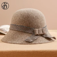 fs fashion women winter warm woolen dome hats wool felt fedora hat foldable bowknot bucket cap ladies cloche bowler church caps