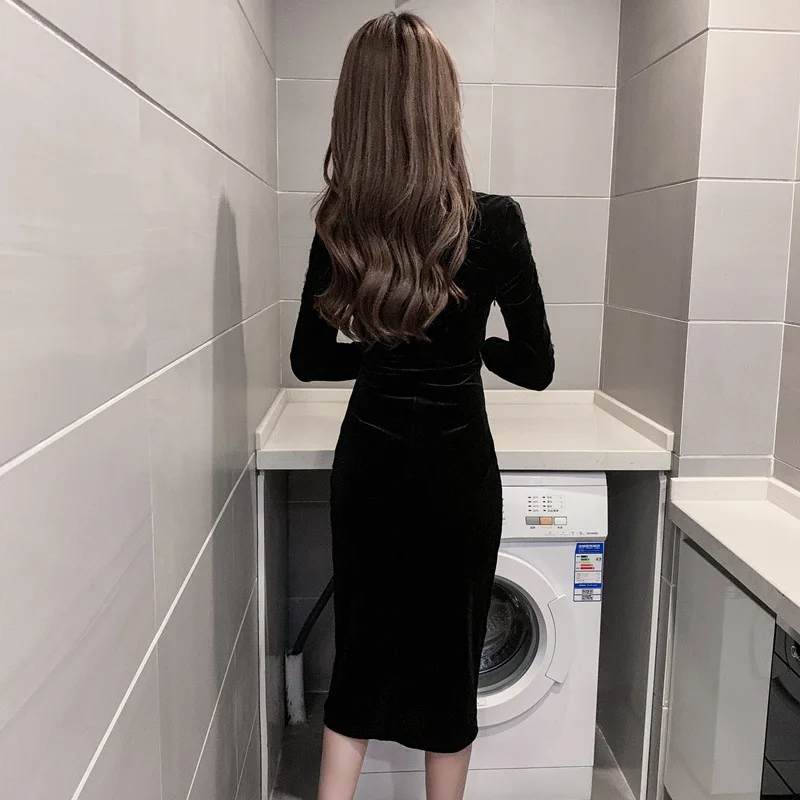 

2020 spring autumn new V-neck women's dress noble fashion was thin temperament base gold velvet dresses