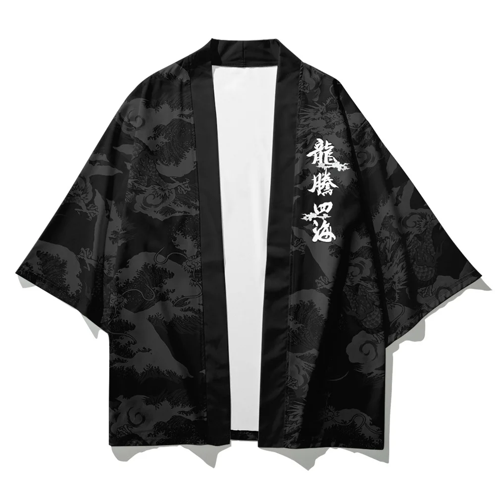 Men Japanese Kimono Male Cardigan Harajuku Black Dragon Print Streetwear Pant Suit Samurai Costume Yukata Hip-pop Haori Obi |