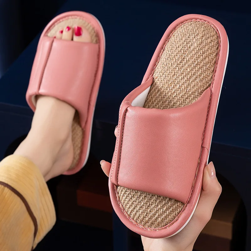 

Women Home Slippers PU Leather Waterproof Cotton Linen Breathable Flat Shoes Bedroom Spring Autumn Non-slip Couples Slipper