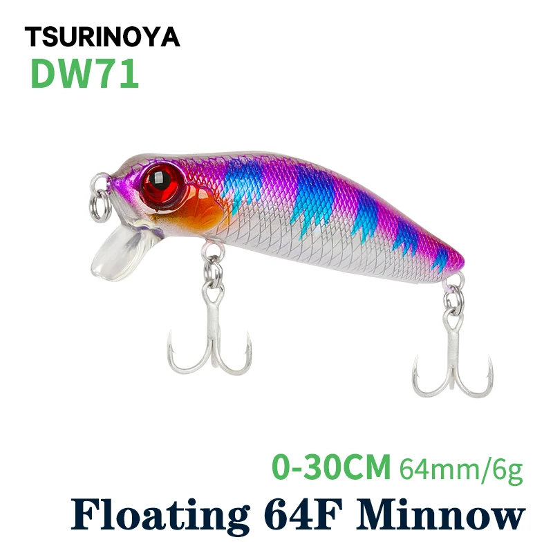 TSURINOYA DW71 64F Floating Minnow Fishing Lure 64mm 6g 0-30m Shallow Range Crank Bait Tungsten Weight System Artificial Bait