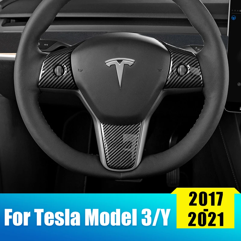 

Car Steering Wheel Trim Cover Frame For Tesla Model 3 Y 2017- 2020 2021 Model3 M3 ABS Carbon Fiber Sticker Interior Accessories