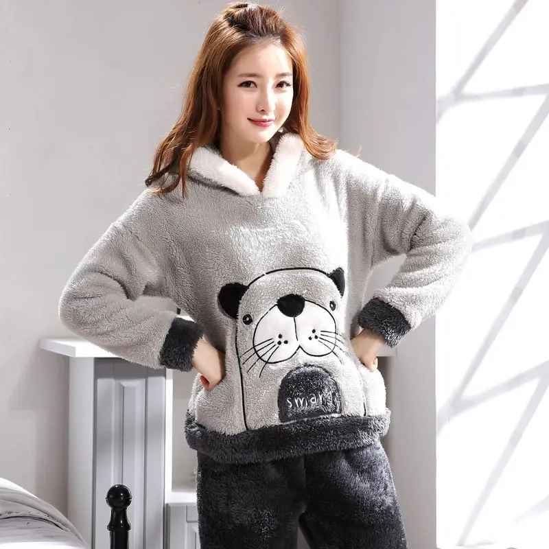 woman pajamas4 Зимняя мужская Милая мультяшная Пижама для костюмированной вечеринки, парные плотные теплые фланелевые пижамные комплекты с капюшоном для женщин, бархатные пижамы с длинным рукавом kiguru - Цвет: woman pajamas4