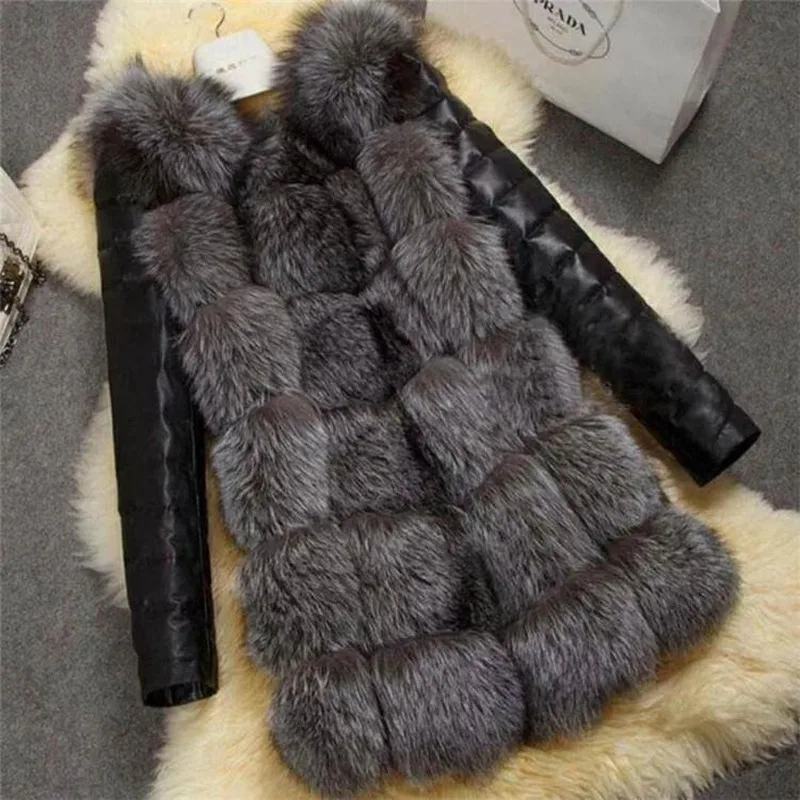 Пушистое пальто из искусственного меха, лоскутное кожаное женское пальто с рукавами из искусственного меха, зимняя верхняя одежда из искус... от AliExpress RU&CIS NEW