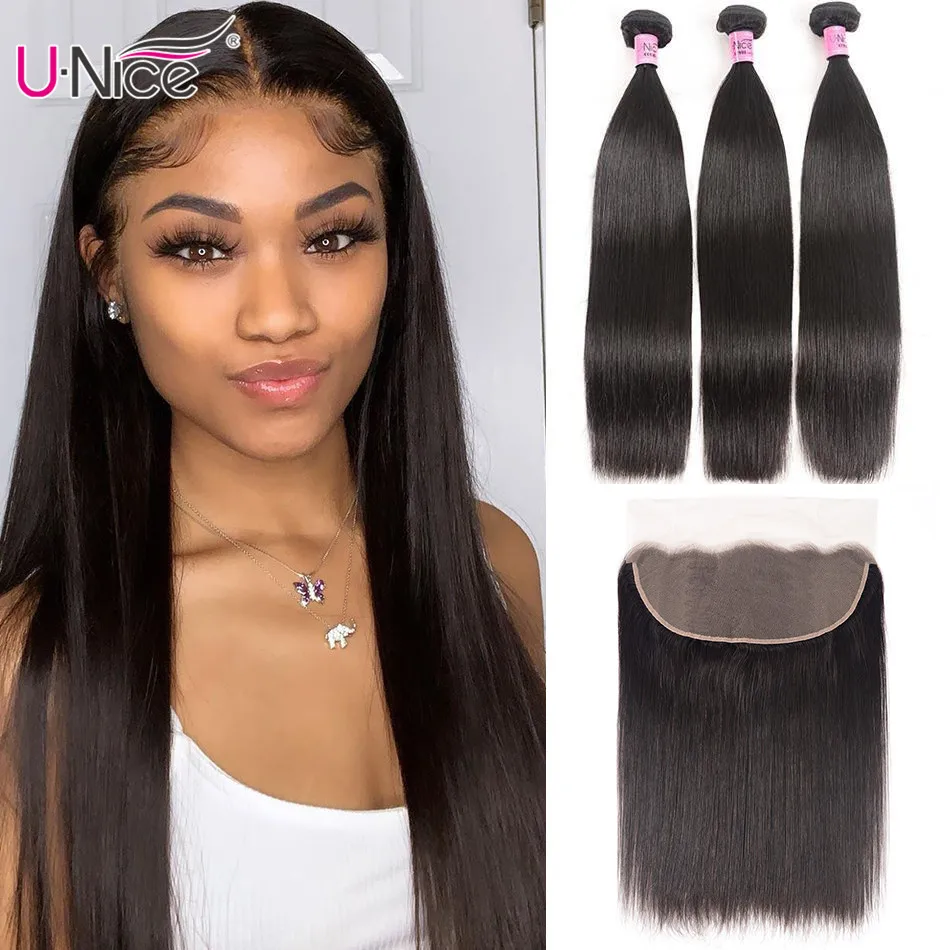 

Волосы UNice 13x4, кружевная Фронтальная застежка с 3 пряди, бразильские прямые человеческие волосы, пряди, кружева, 4 шт.